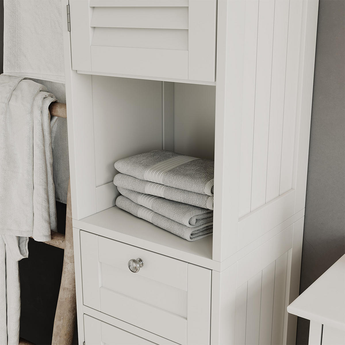 BADSCHRANK Riad Weiß 32 x 170 cm mit Türen, Schublade und offenem Fach - Weiß, Holzwerkstoff (32/170/30cm) - Vicco