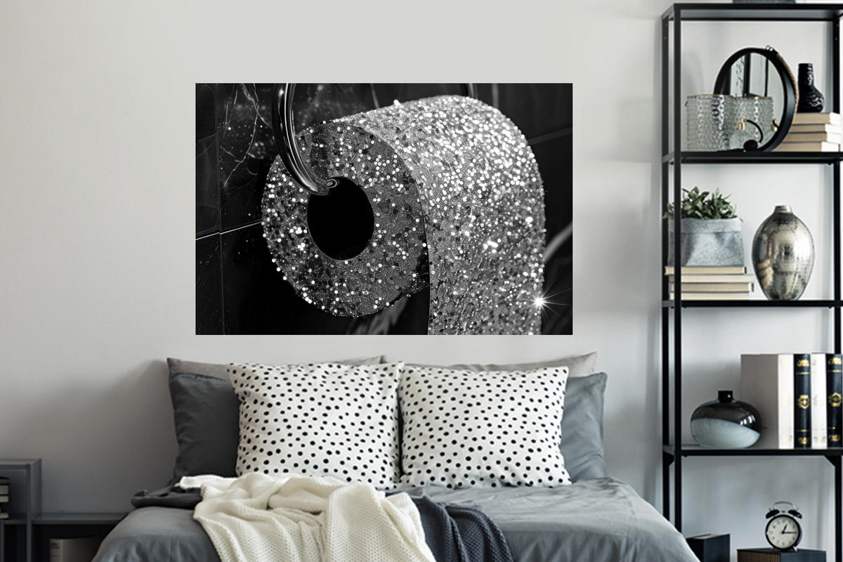 WANDTATTOO WC - Toilettenpapier - Schwarz und weiß - Glitter 120x80 cm - Silberfarben, Kunststoff (120/80/0.1cm) - MuchoWow
