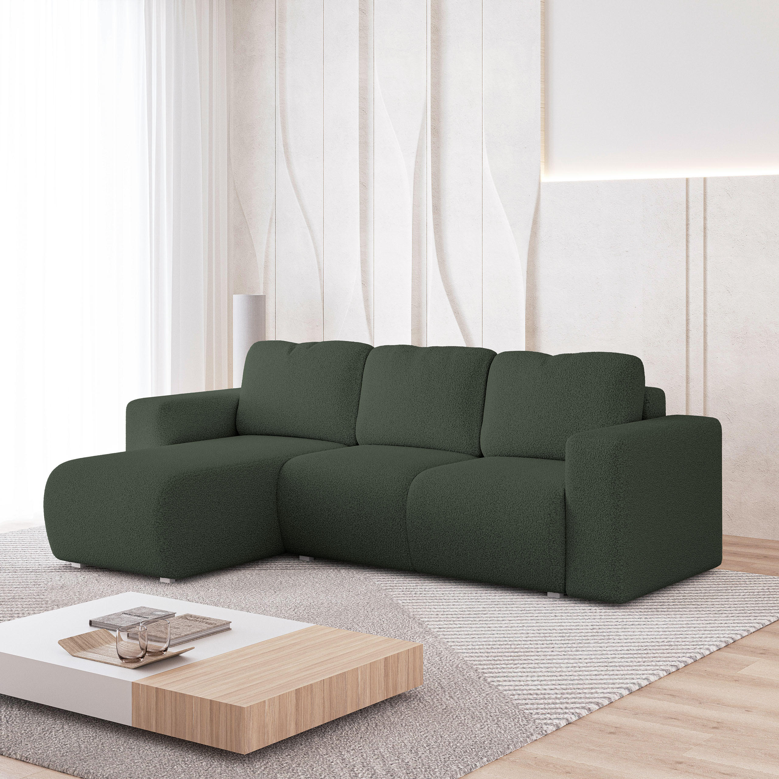 ECKSOFA RINOVA Grün Boucle-Stoff mit Schlaffunktion - Grün, Holz (250/143cm) - MASSENO