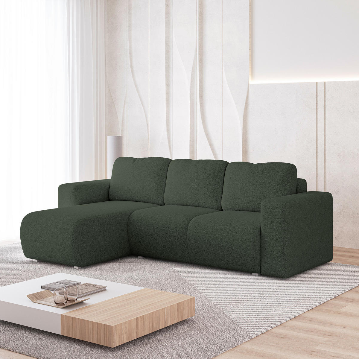 ECKSOFA RINOVA Grün Boucle-Stoff mit Schlaffunktion - Grün, Holz (250/143cm) - MASSENO