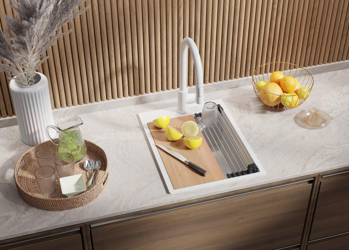 SPÜLBECKEN Oslo, 2-er set Alles Weiß 38/50 cm 1 Becken + Ablauf-Set + Schneidebrett ab 40er Unterschrank - Beige/Weiß, Kunststoff (38/20/50cm) - Primagran