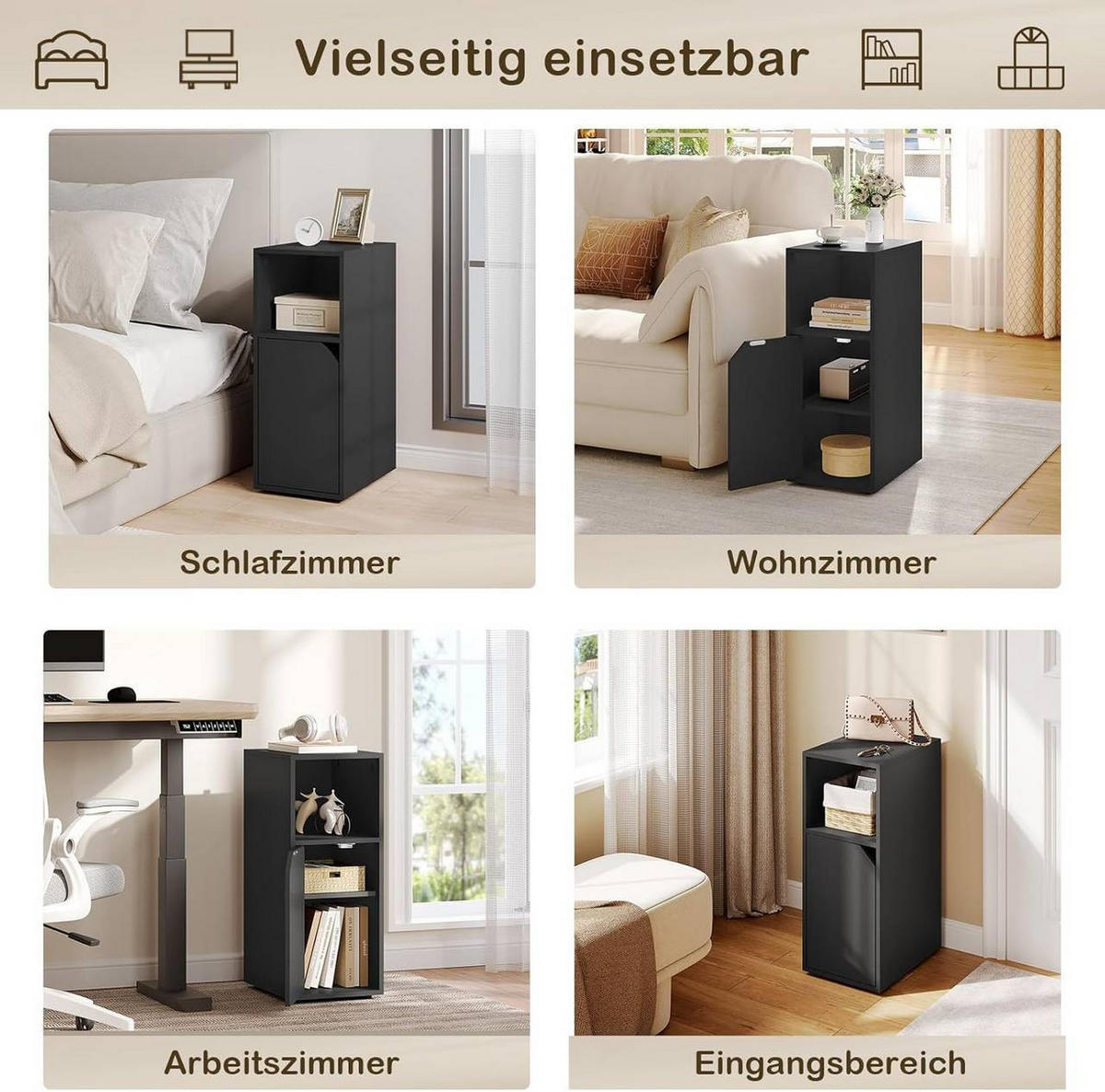 NACHTTISCH 2er Set schmal, mit offenem Fach und Tür, Schwarz - Schwarz, Holzwerkstoff (25/62/35cm) - Woltu