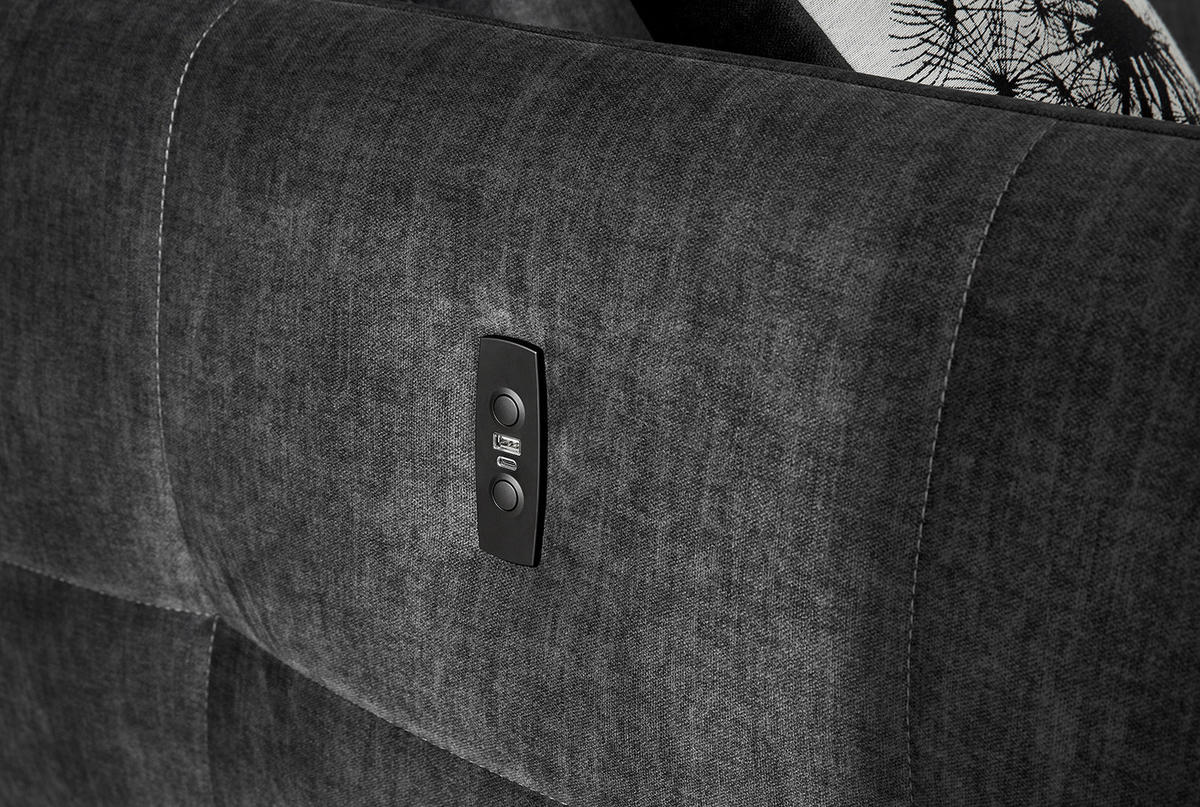 ECKSOFA mit elektrische Sitztiefenverstellung, Kopflehnen verstellbar, USB-C und -A Ladefunktion B260/T191/H106 cm, Velours Anthrazit Schwarz / 15406 - Anthrazit/Multicolor, Kunststoff/Textil (260/191cm) - luma-home