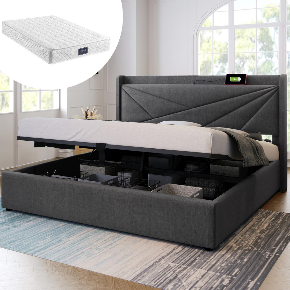 ZAKONSKA postelja z dvižnim predalom iz bombažnega lanu 160x200 cm siva z USB in USB-C polnjenjem, geometrijskim vzglavjem in vzmetnico - siva, tekstil (160/200cm) - Modfu