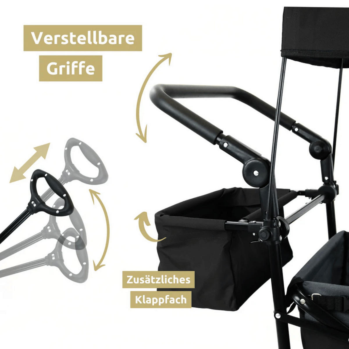 BOLLERWAGEN faltbar mit Dach KILI Extra Breite Reifen Schwarz - Schwarz, Metall (126/109/66cm) - DELUKE