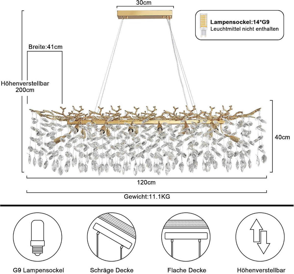KRONLEUCHTER Rechteck 120 cm K9‑Kristall Baumzweig Gold für Esszimmer und Kücheninsel - Gelb, Naturmaterialien (92/36/27cm) - Surtime