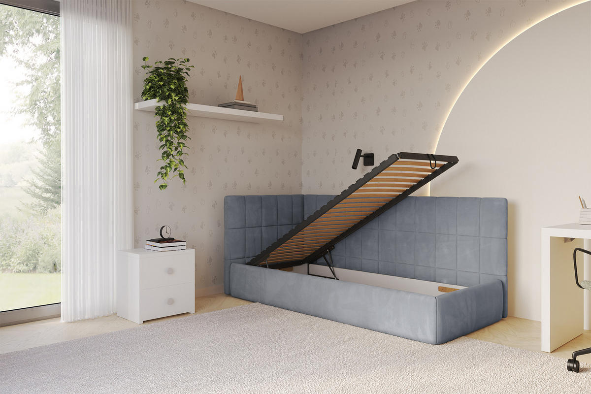EINZELLBETT Jugendbett mit Bettkasten und Matratze H3/H4, Rechts - TULY 90x200 Grau - Blaugrau, Holzwerkstoff/Textil (90/200cm) - ALTDECOR