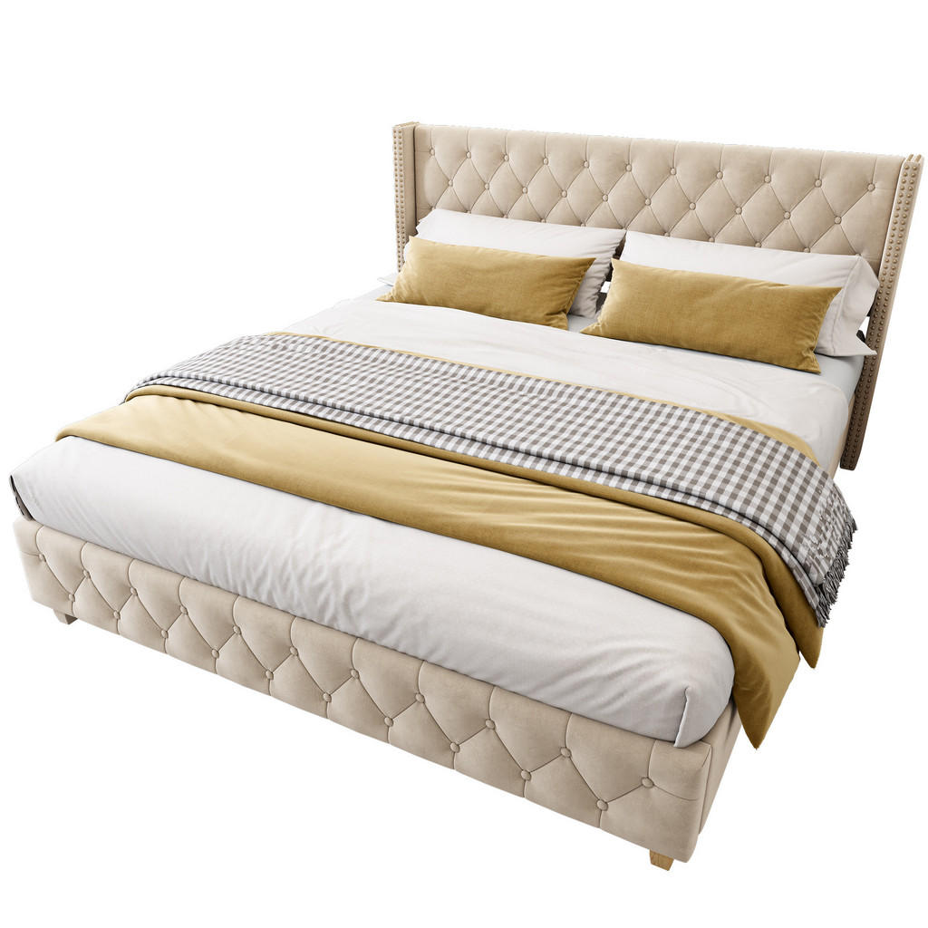 Modfu ČALOUNĚNÁ postel z sametu 180x200 cm světle béžová s lamelovým roštem, knoflíkovým prošitím a ozdobnými nýty