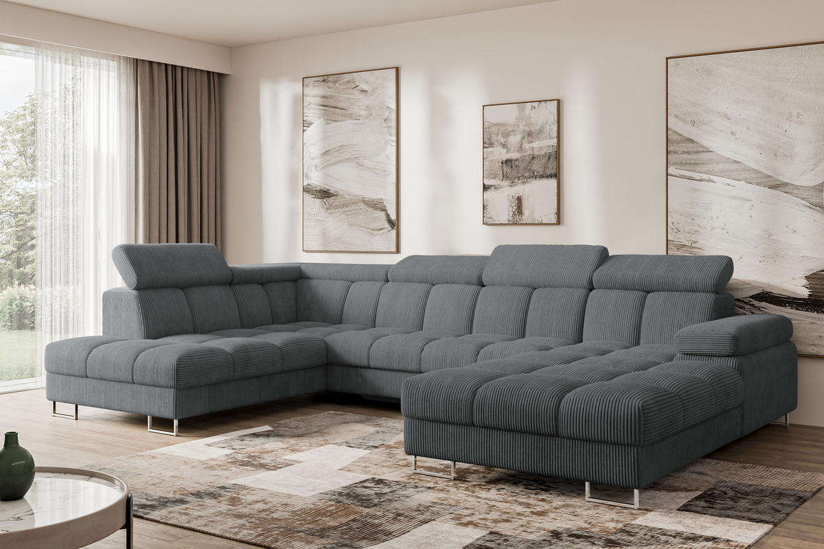 WOHNLANDSCHAFT mit Schlaffunktion und Bettkasten Ottomane Links COMA U 345x203x79 Dunkelgrau Cord - Graphitfarben, Holzwerkstoff/Textil (345/79/203cm) - ALTDECOR