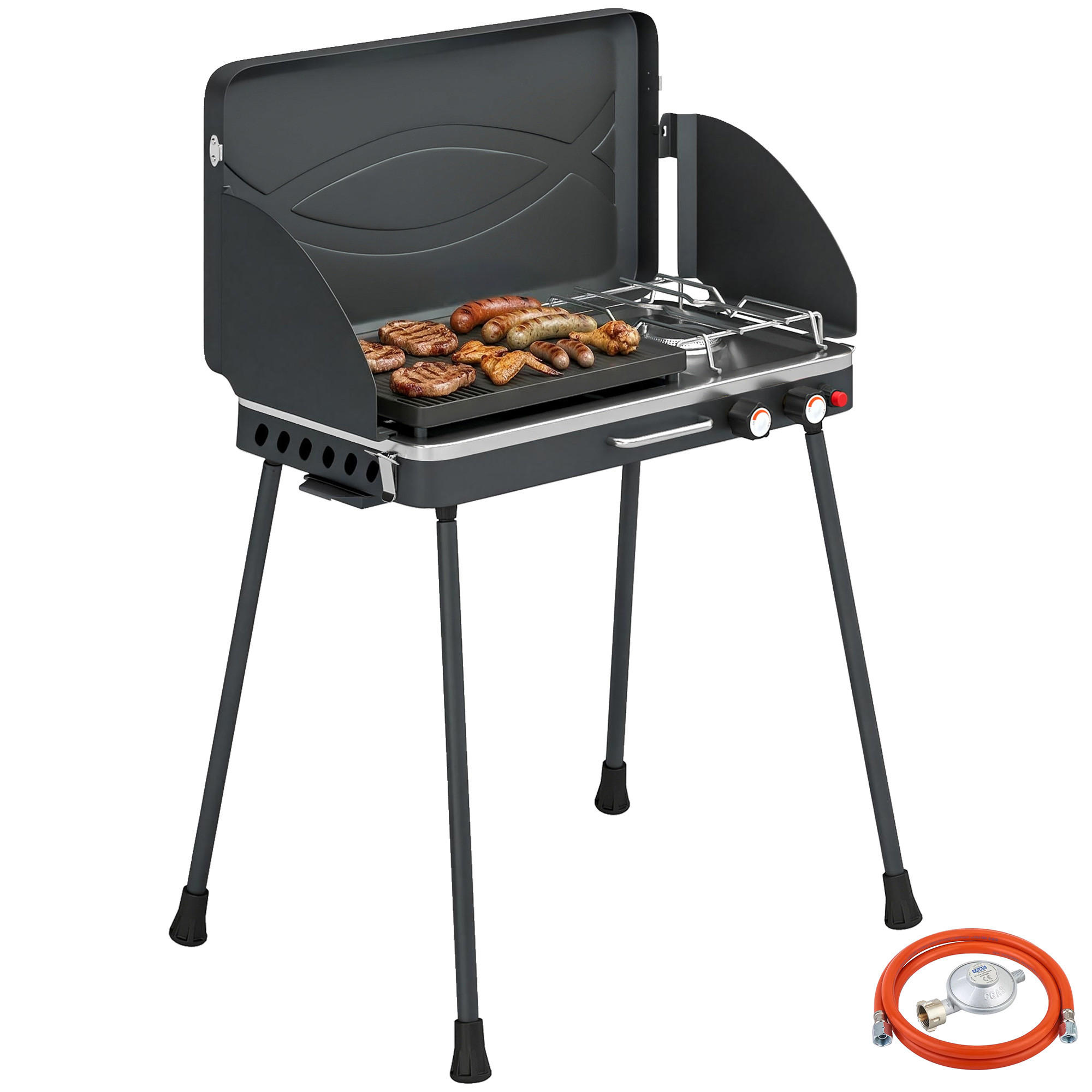 GASGRILL DE-10310 2 Brenner 2-in-1 mit Kochplatte Schwarz - Schwarz, Metall (47/88/61cm) - ComfortXL