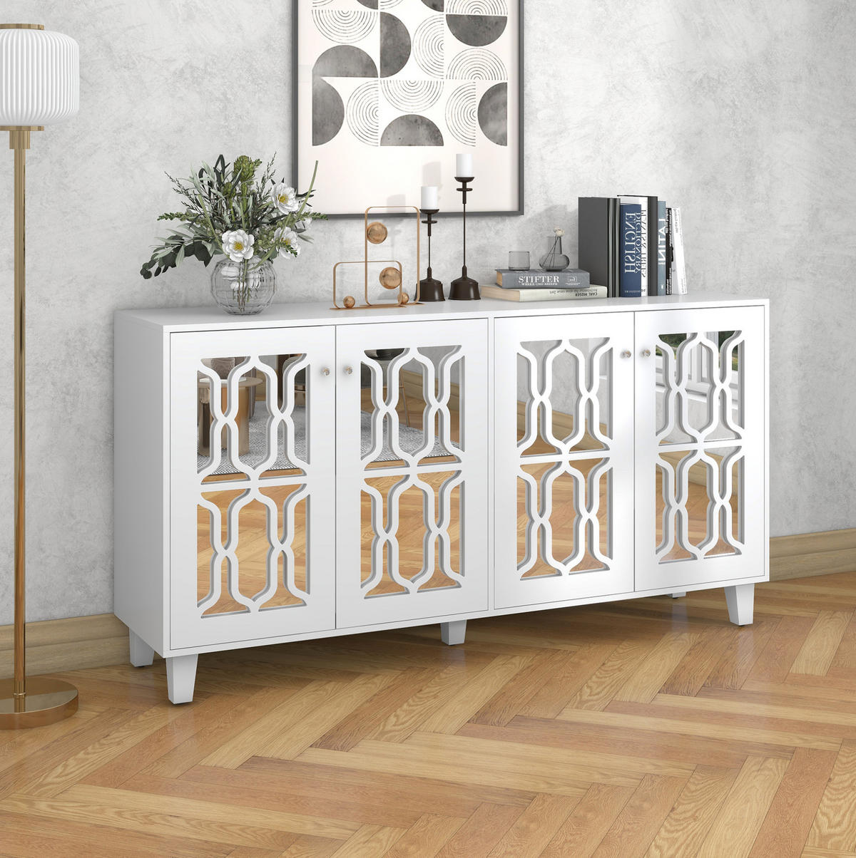 SIDEBOARD in Weiß mit verspiegelter Oberfläche, 4 Türen und kristallförmigen Glasgriffen, 160/40/84 cm, Weiß - Weiß, Holzwerkstoff (160/84/40cm) - Redom