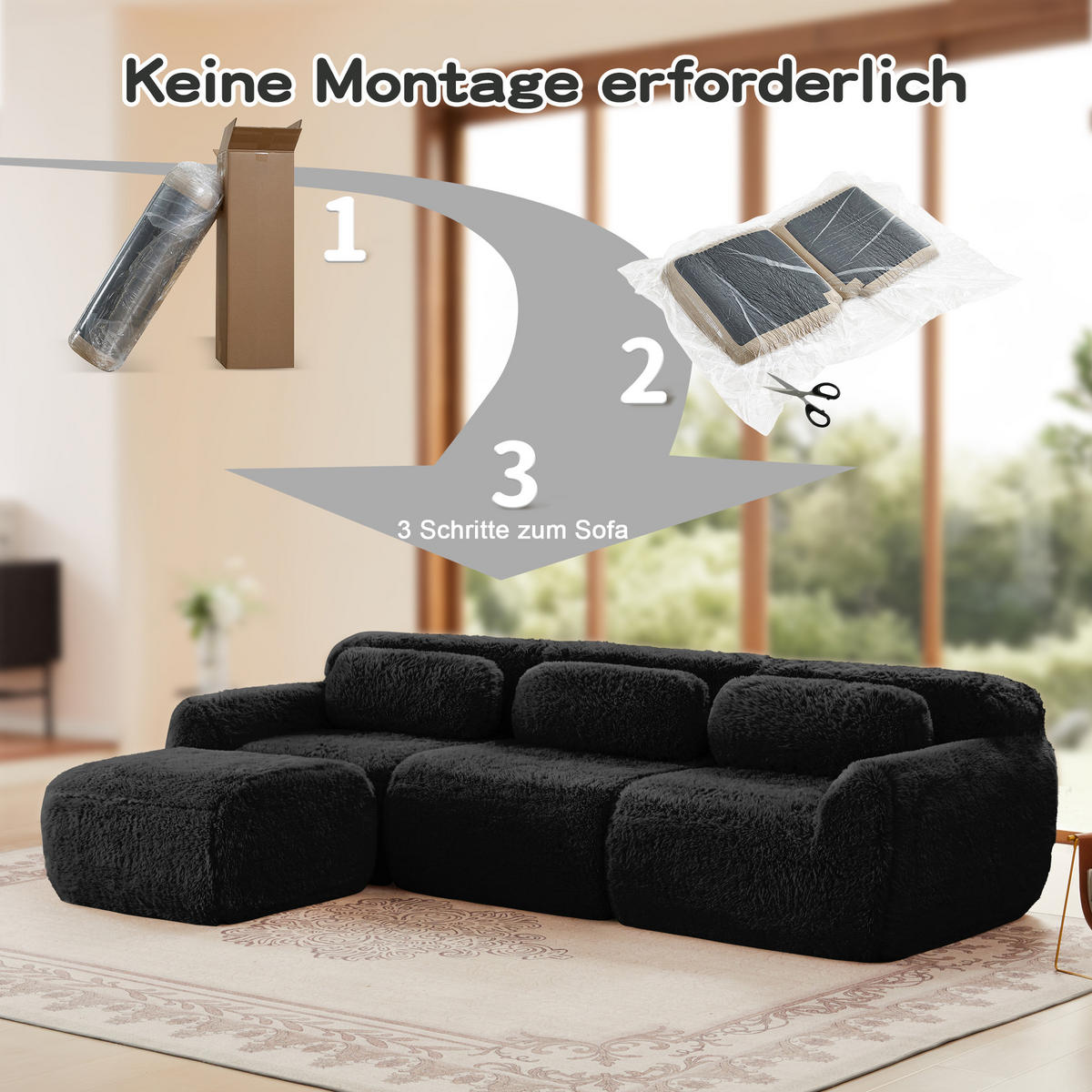 3-SITZER Sofa 291x179x73 cm aus Plüschstoff rahmenlos modular mit Ottoman, schwarz - Schwarz, Textil (179/73/291cm)