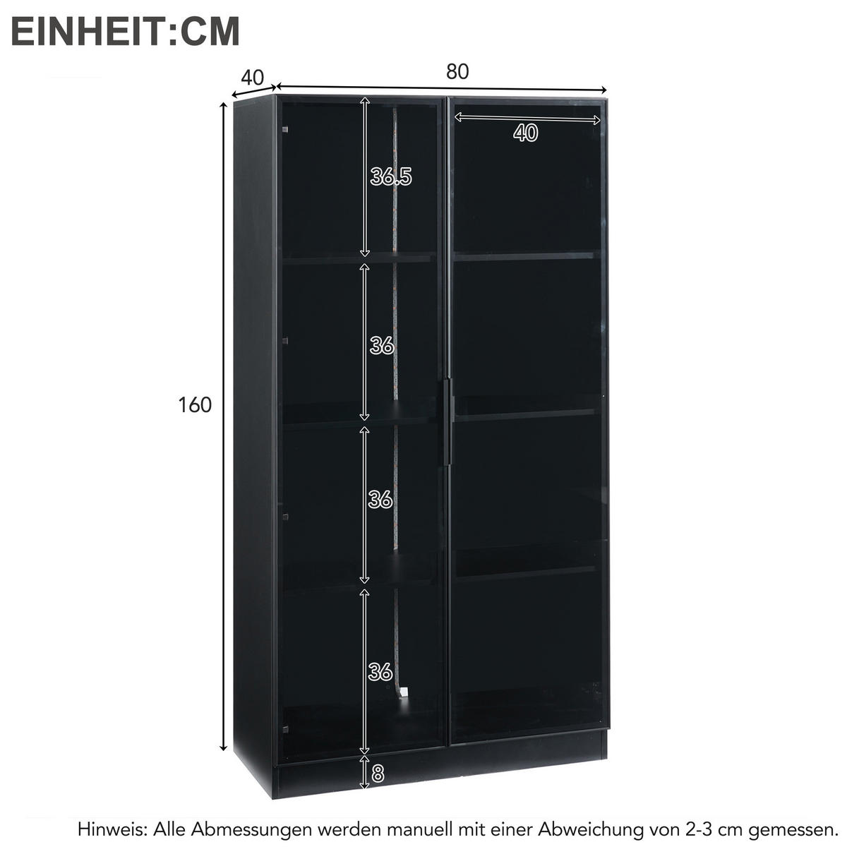 VITRINE aus Spanplatte 80x40x160 cm Schwarz mit APP-LED-Beleuchtung und verstellbaren Einlegeböden - Schwarz, Holzwerkstoff (40/160/80cm) - Modfu