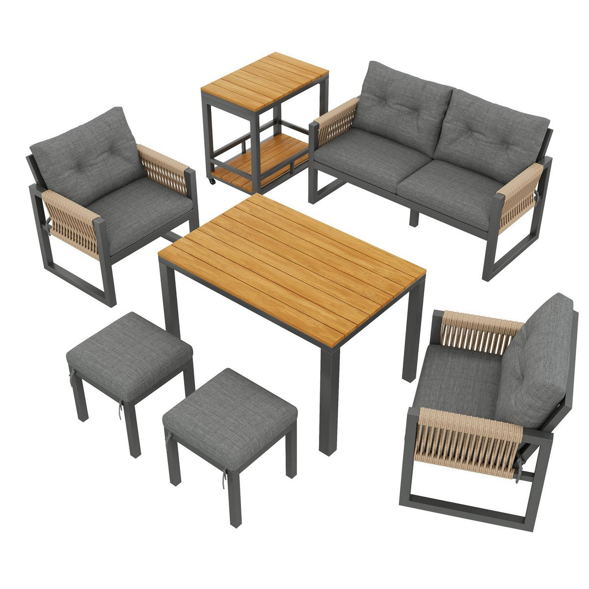 VRTNI lounge set 150/79,5/75 cm sivo-prirodno od željeza s odvojivim stolom i pletenim naslonima - siva, metal - OKWISH