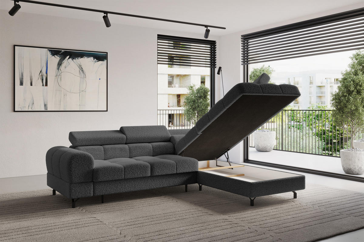 ROHOVÁ SEDAČKA s funkcí spaní otomana vpravo LUMA-L 272x203x70 šedá buklé - šedá/černá, kompozitní dřevo/textil (203/272cm) - ALTDECOR