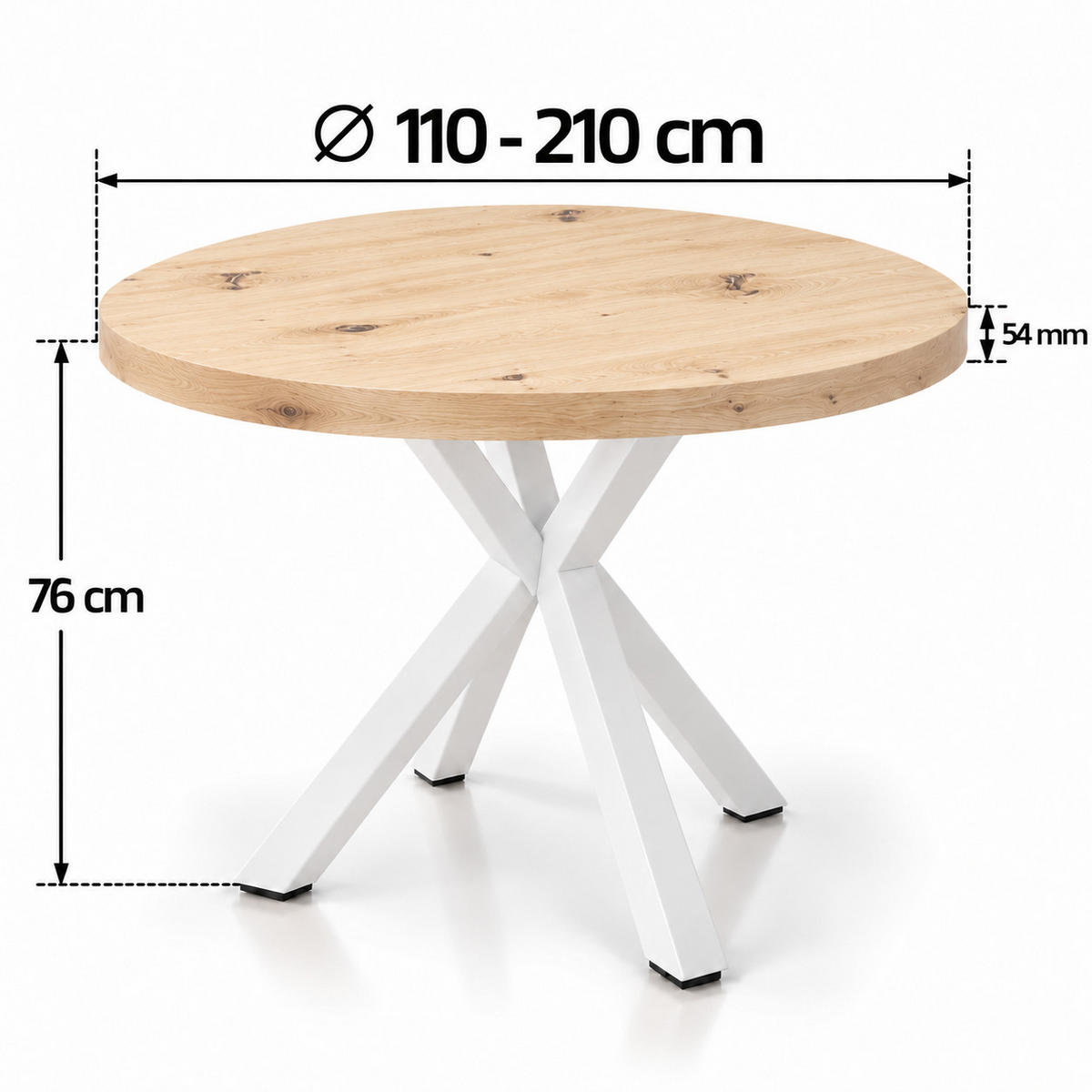 ESSTISCH rund ausziehbar 110/210/76 cm, Artisan Eiche, 54 cm Tischplatte + Metall Weiß - Eiche Artisan, Holzwerkstoff/Metall (110/210/76cm) - Damale Möbel