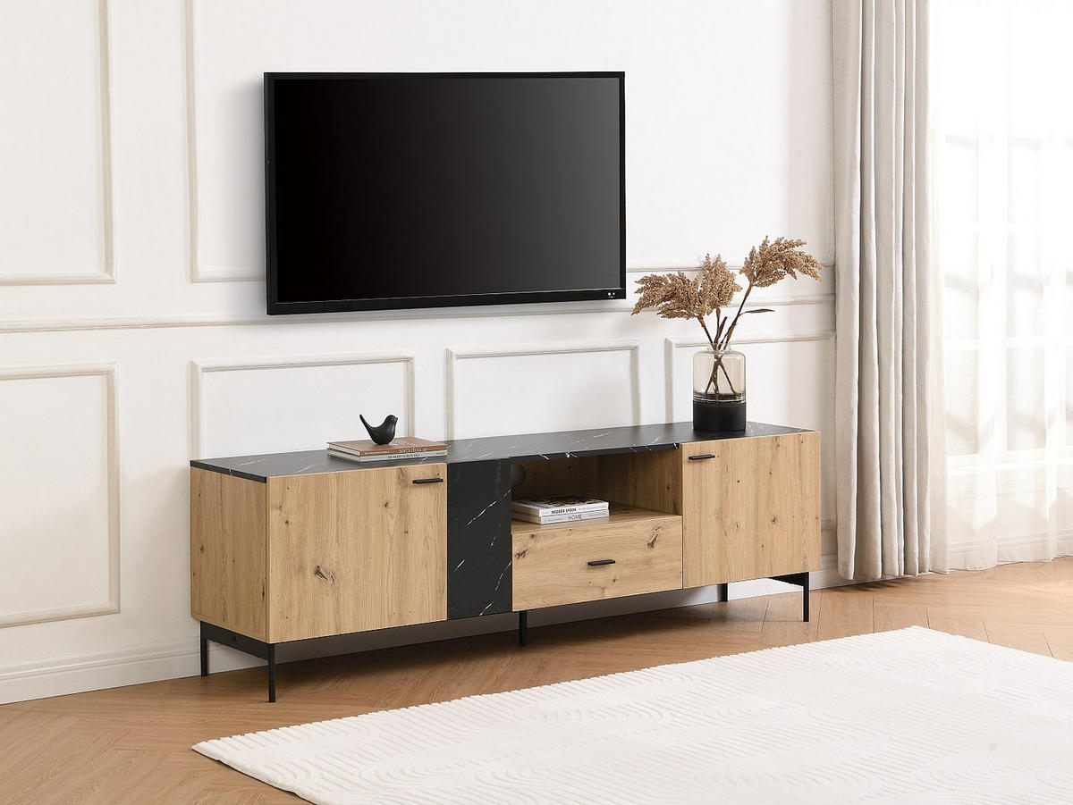 TV-MÖBEL mit 2 Türen, 1 Schublade & 1 Ablagefach - MDF & Metall - Holzfarben hell & Marmor-Optik Schwarz - LIOMENA - Schwarz, Holz (180/55/40cm) - Vente-Unique