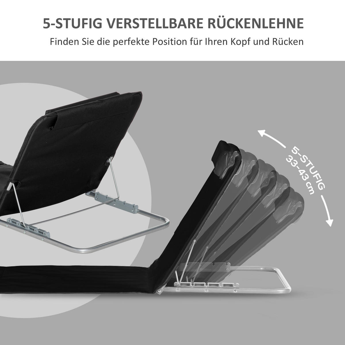STRANDLIEGE Sonnenliege Gartenliege, klappbar, verstellbare Rücklehne, Seitentasche, 48 cm x 134 cm x 33-43 cm, Beige - Beige, Metall (134/43/48cm)