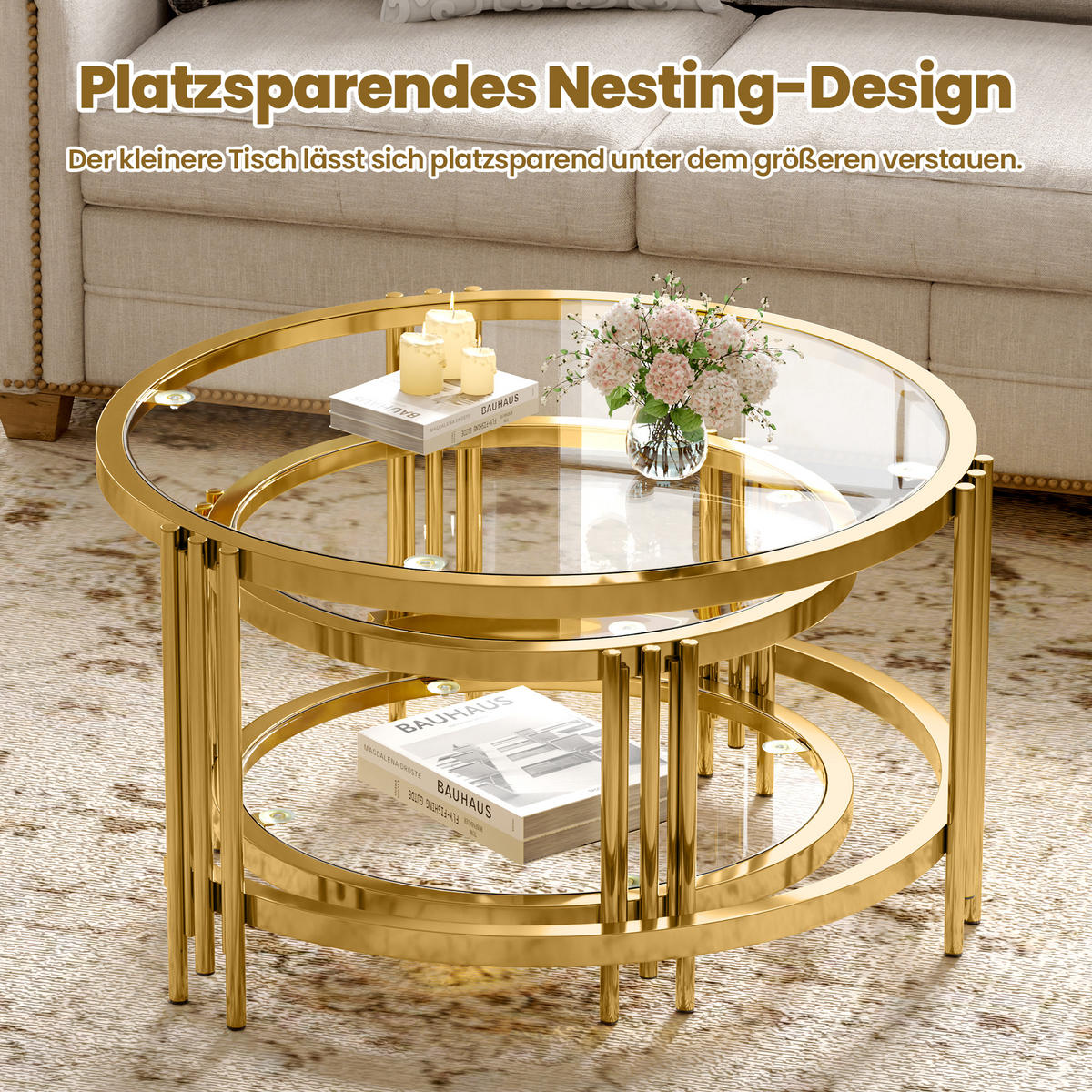 COUCHTISCH Wohnzimmertisch für couch Sofatisch mit abnehmbarer Tischplatte und Rutschfeste Saugnäpfe, bis 400 °C - Goldfarben, Glas/Metall (80/80/45cm) - STILVORA