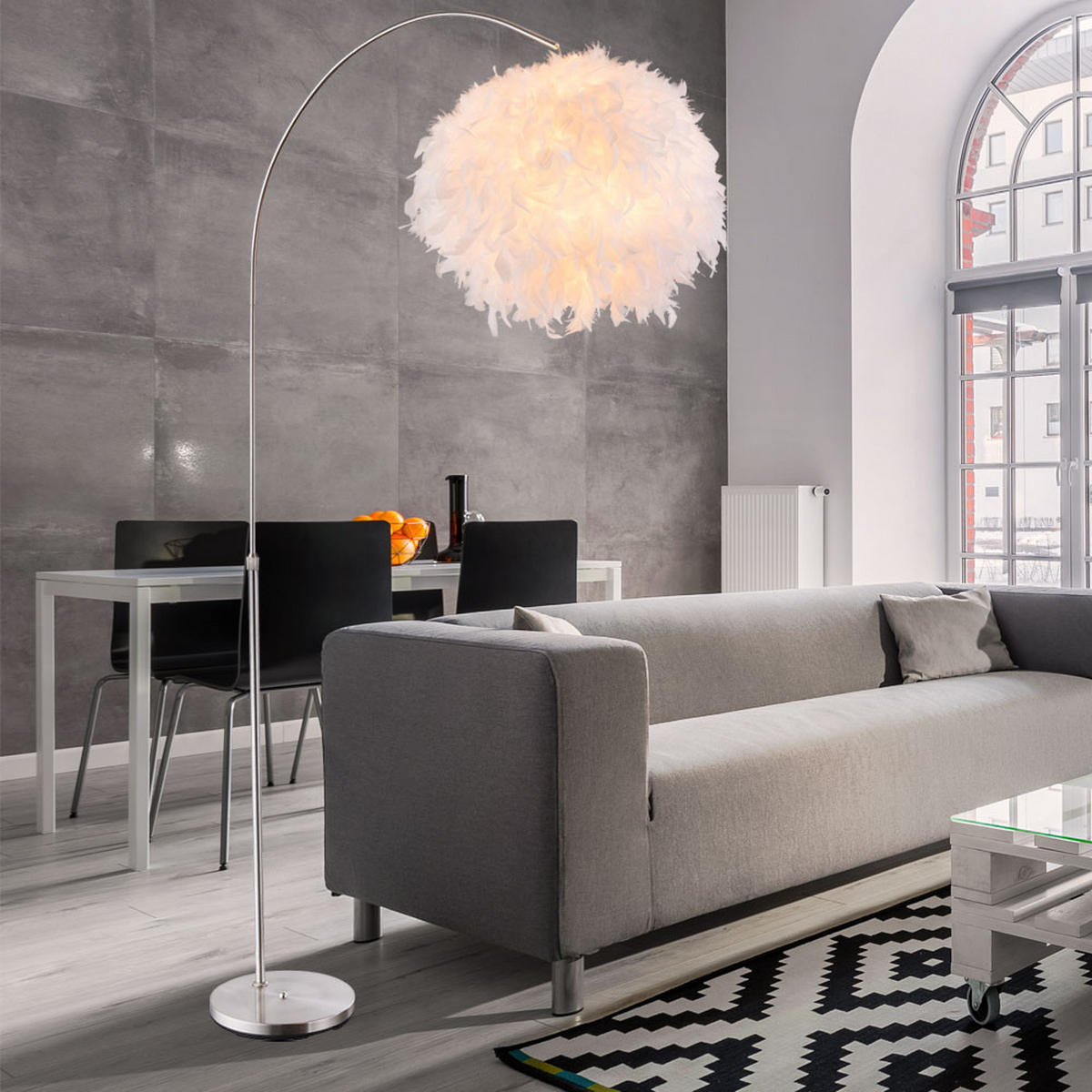 LED STEHLEUCHTE Metall Weiß Feder-Lampenschirm - Weiß, Kunststoff (96/96/196cm) - Globo Lighting