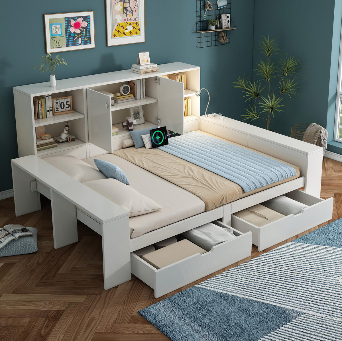 TAGESBETT aus Holzwerkstoff 140x200 cm Weiß mit Schubladen, Stauraum und USB-/USB-C-Anschlüssen - Weiß, Holzwerkstoff (140/200cm) - IVMEU