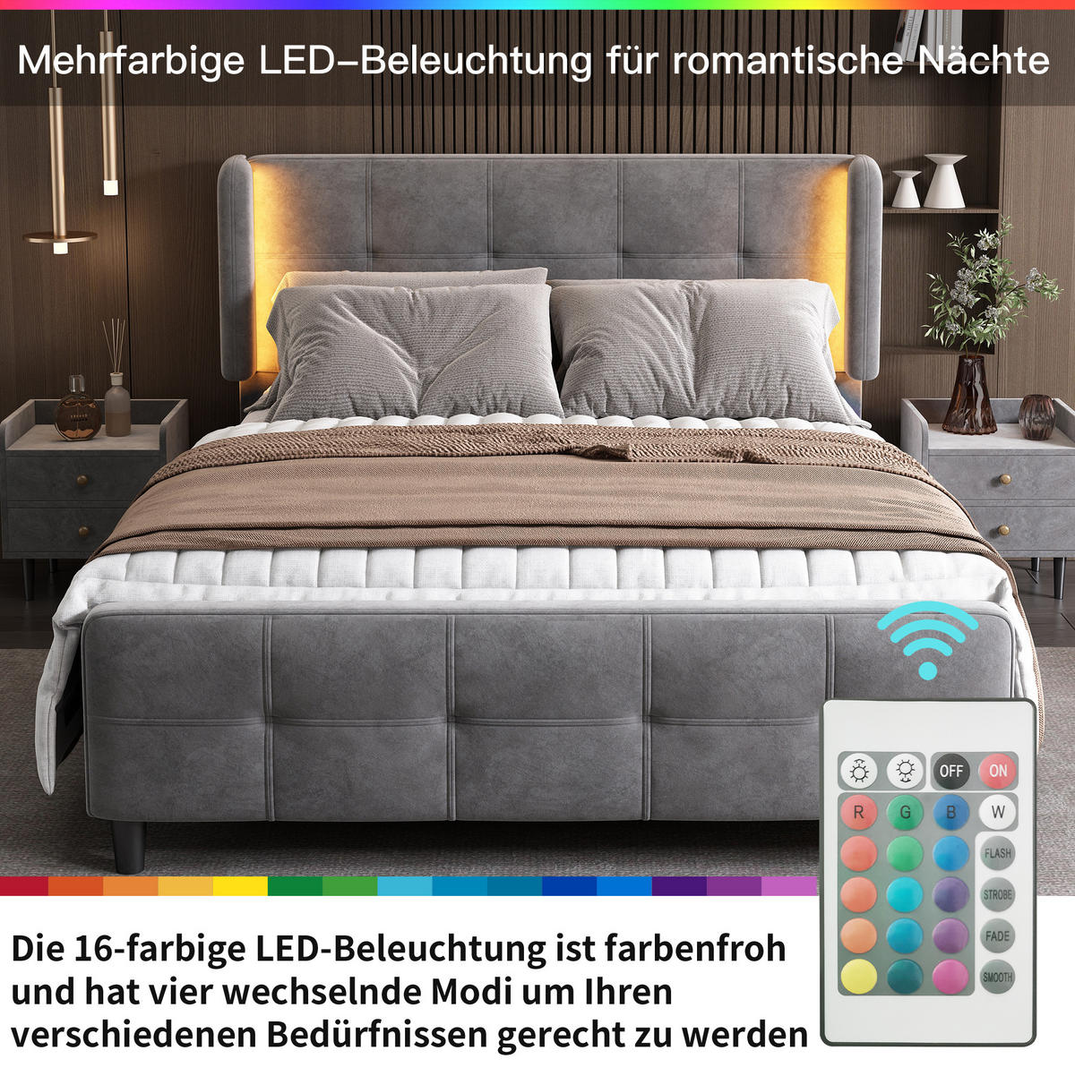 POLSTERBETT 140/200 cm Grau aus Samt mit LED-Beleuchtung - Grau, Textil (140/200cm) - OKMYHOME