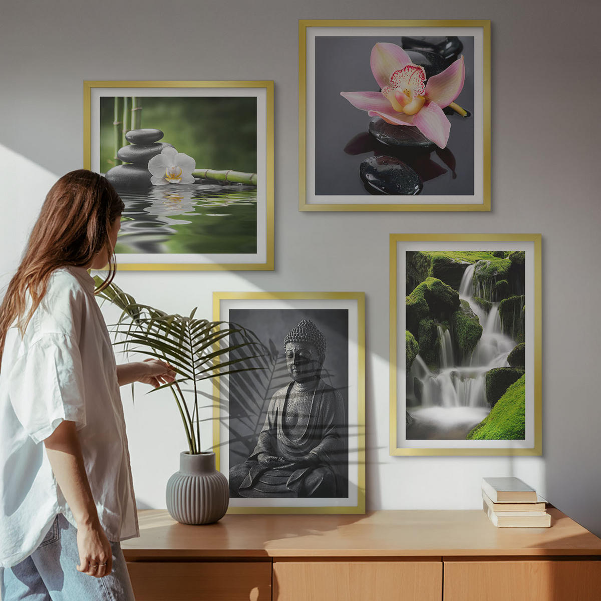 WANDBILDER 4er Set - 50x50 cm & 40x60 cm Goldrahmen - Zen-Gemälde, Wassersteine, Buddha - Goldfarben, Kunststoff (50/50cm) - ArtPrintCave