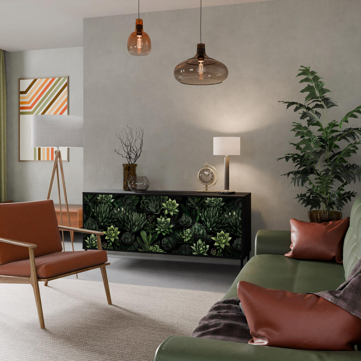 SIDEBOARD SUCCULENT JUNGLE, Eicheneffekt, 164,5x42x77,5 cm, 3 Türen - Eichefarben/Buchefarben, Holzwerkstoff/Buchenholz (164.5/77.5/42cm) - SpaceRebels