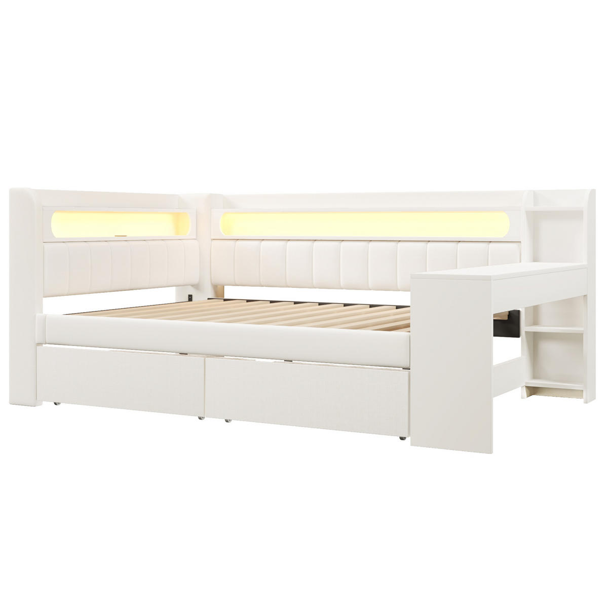 POLSTERBETT 140/200 cm mit LED-Beleuchtung, USB, Schreibtisch und 2 Schubladen, gepolstert, Weiß - Weiß, Holzwerkstoff (140/200cm) - Redom