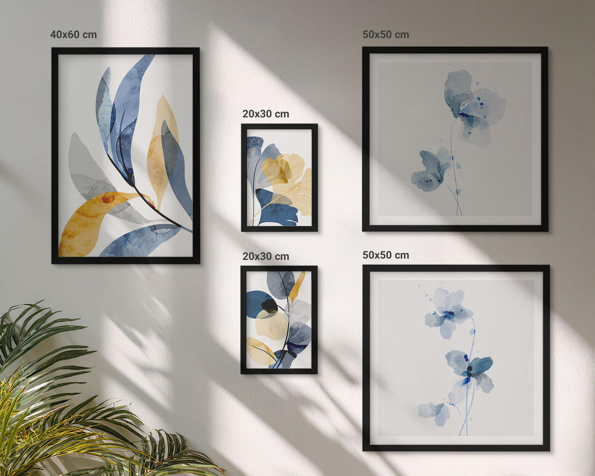 BILDER SET 5er Set - 50x50 cm & 20x30 cm & 40x60 cm Schwarzer Rahmen - Aquarell-Pflanzenmotive - Schwarz, Kunststoff (40/60cm) - TULUP
