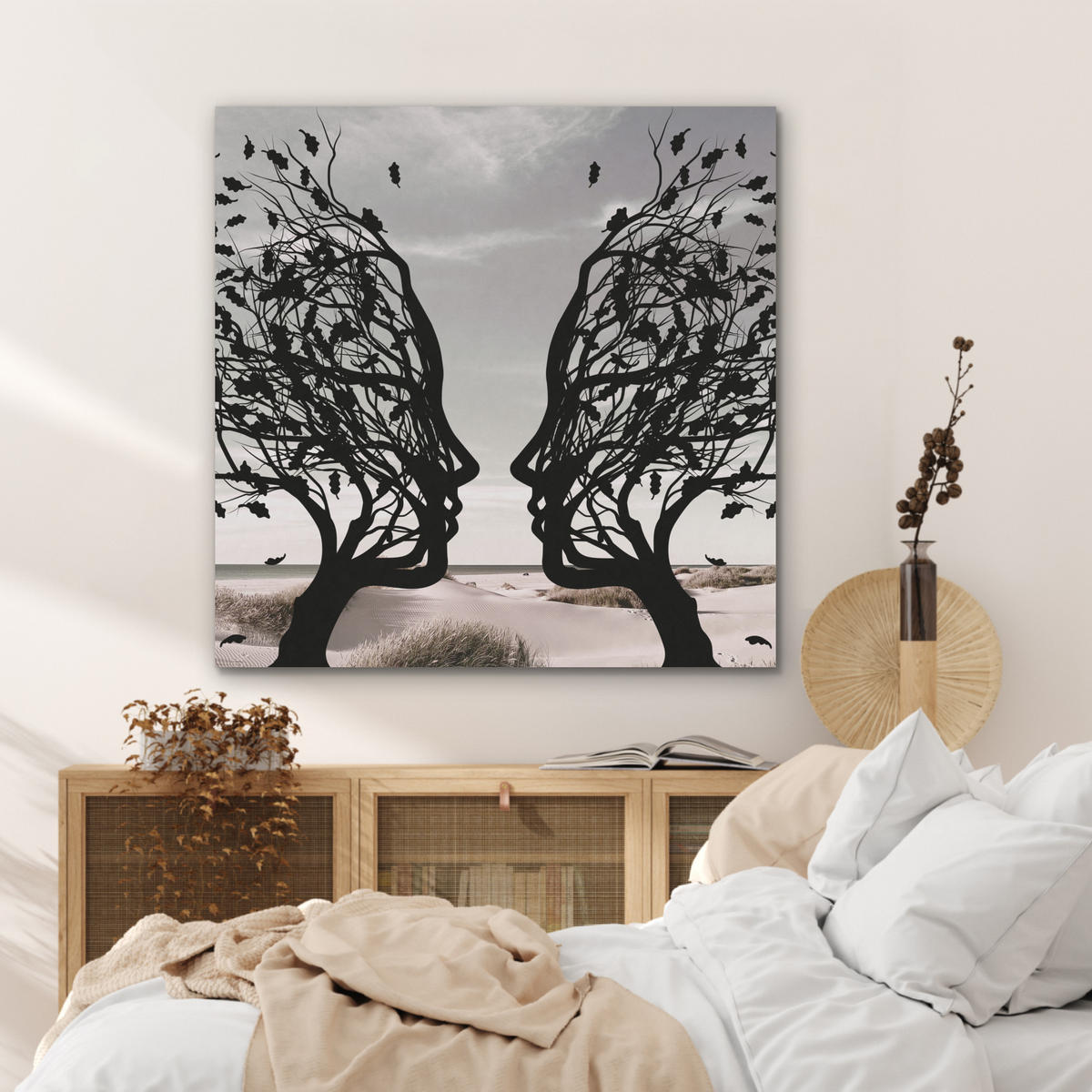 AKUSTIKPANEEL Strand - Meer - Menschen - Baum - Moderne Kunst 90x90 cm - Hellgrau, Textil (90/0.9/90cm) - MuchoWow