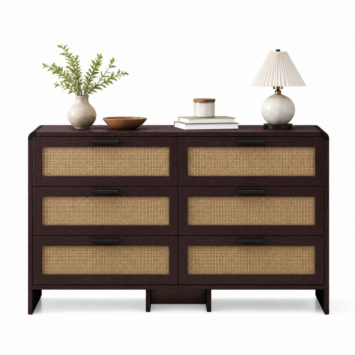 KOMMODE 130 cm in Rotbraun mit 6 Rattanschubladen und abgerundeten Ecken - Braun, Holzwerkstoff (130/74/40cm) - Flora Grace