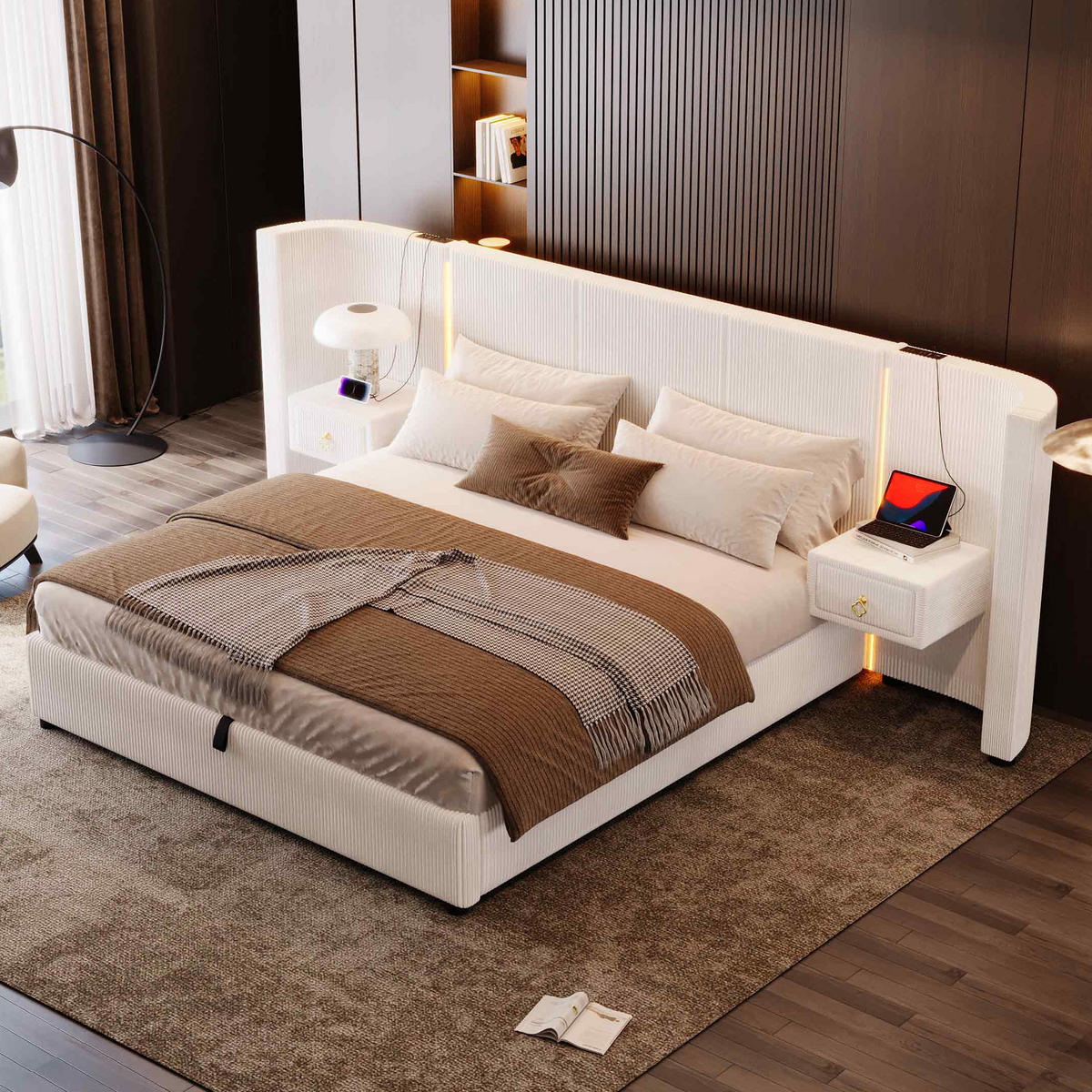 POLSTERBETT 180/200 cm Beige mit LED-Beleuchtung und hydraulischem Stauraum - Beige, Textil (180/200cm) - OKWISH