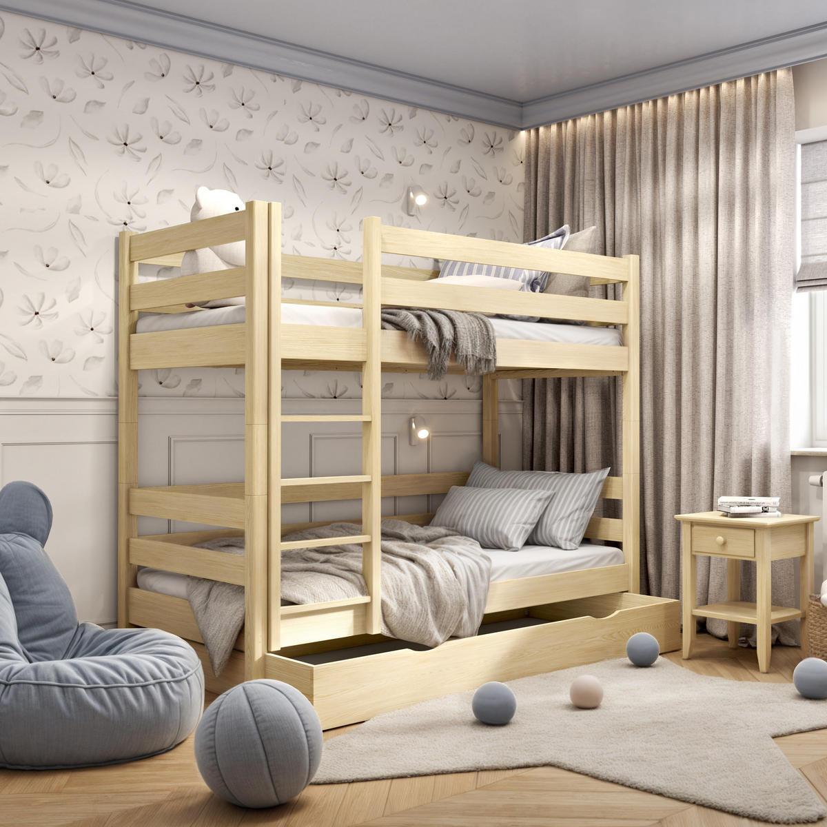 ETAGENBETT N01 mit Schublade Klare Kiefer 90/200 - Braun, Naturmaterialien/Holz (90/200cm) - N-Wood