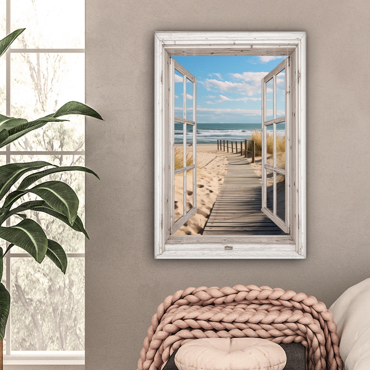 LEINWANDBILD Fenster - Meer - Küste - Natur - Ausblick - Strand - Wattenmeer Wanddeko 40x60 cm - Beige, Textil (40/60cm) - MuchoWow