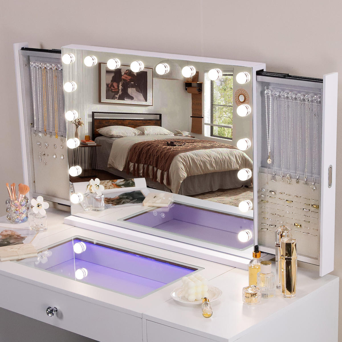 SCHMINKSPIEGEL mit LED-Beleuchtung integrierter Schmuckbox und Bluetooth weiß 80/60 cm - Weiß, Metall (80/60/10cm) - VANITII