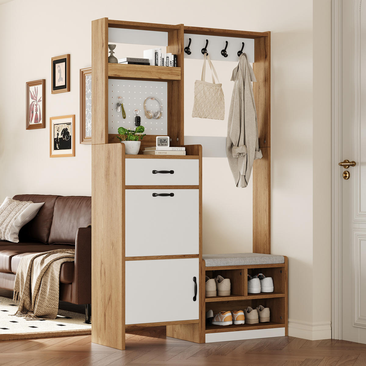 GARDEROBE Schuhschrank Sitzbank Haken Eiche Weiß Modern - Multicolor, Holzwerkstoff (108.5/180/35cm) - FLIEKS