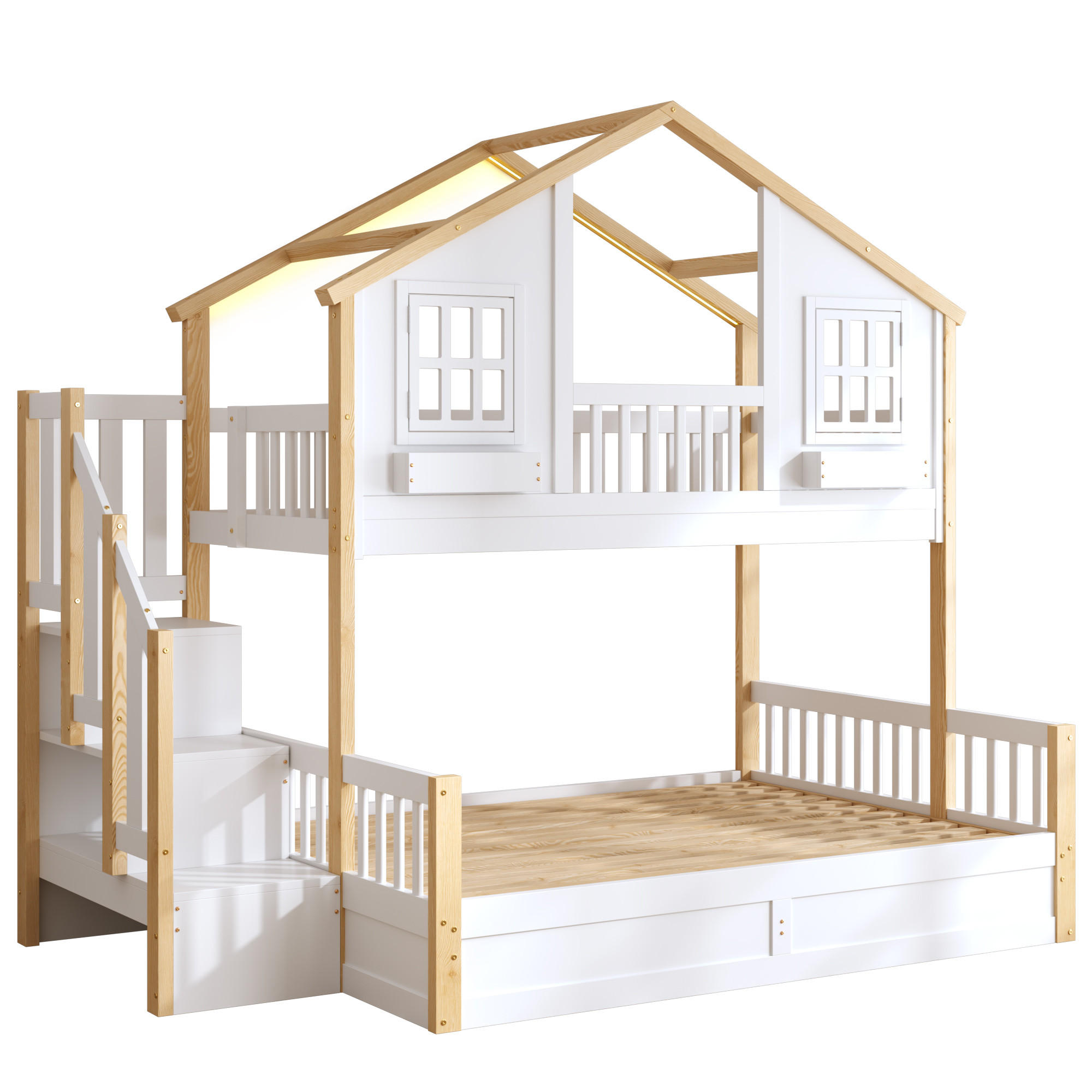 ETAGENBETT 90/200 cm und 140/200 cm Weiß + Naturholz mit LED-Beleuchtung, Treppe mit Stauraum und hydraulischen Staufächern - Weiß, Holz (90/200cm) - Oxeza