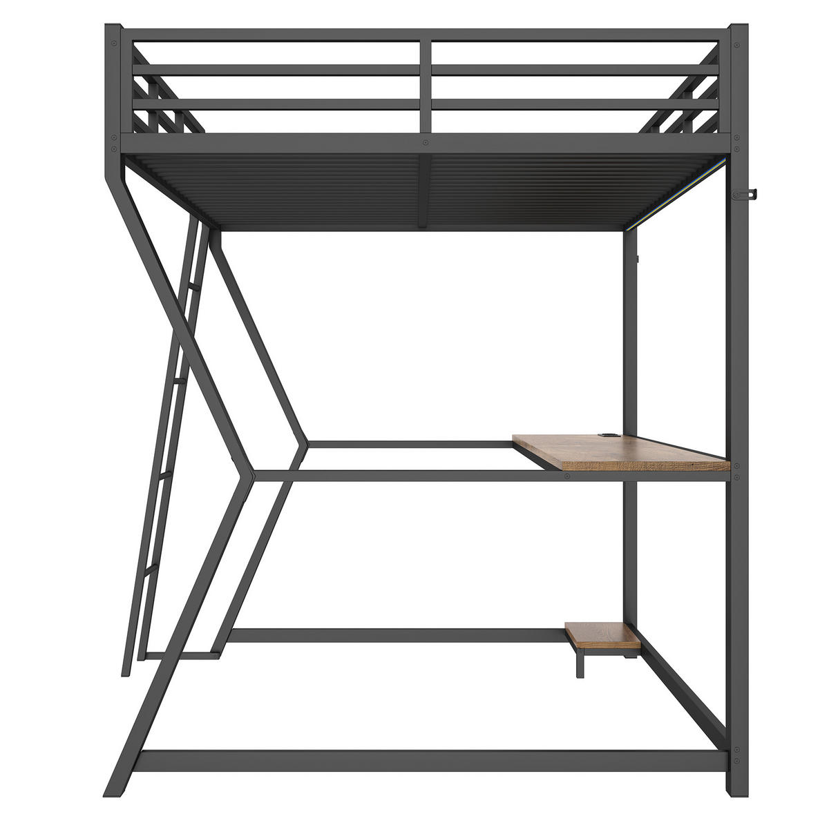 HOCHBETT 140/200 cm aus Metall mit Schreibtisch, LED-Beleuchtung und USB - Schwarz, Metall (140/200cm) - Flora Grace
