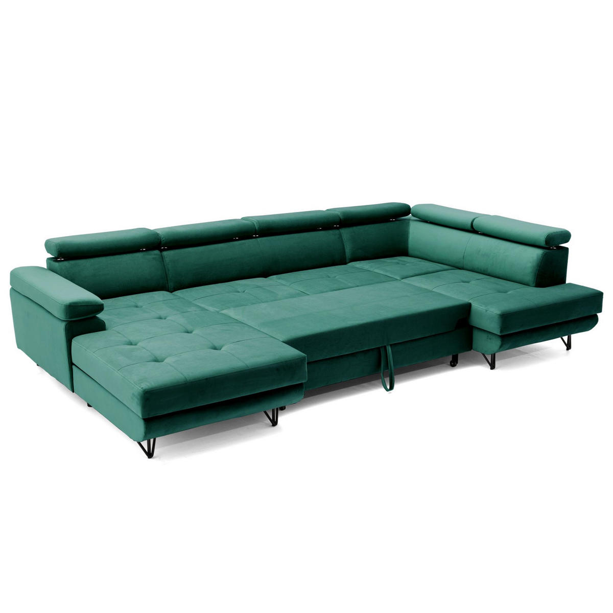 ECKSOFA U-Form JUNIOR U Rechts mit Schlaffunktion 128x254 Velours Dunkelgrün - Dunkelgrün/Schwarz, Holz/Textil (184/90/323cm) - Muffo