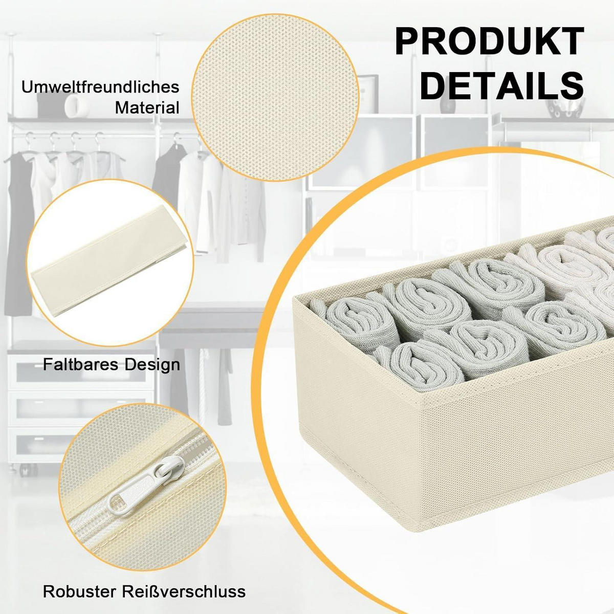 SCHUBLADEN Organizer 4-teiliges Set Cremebeige - Multicolor, Textil (15/9/30cm)