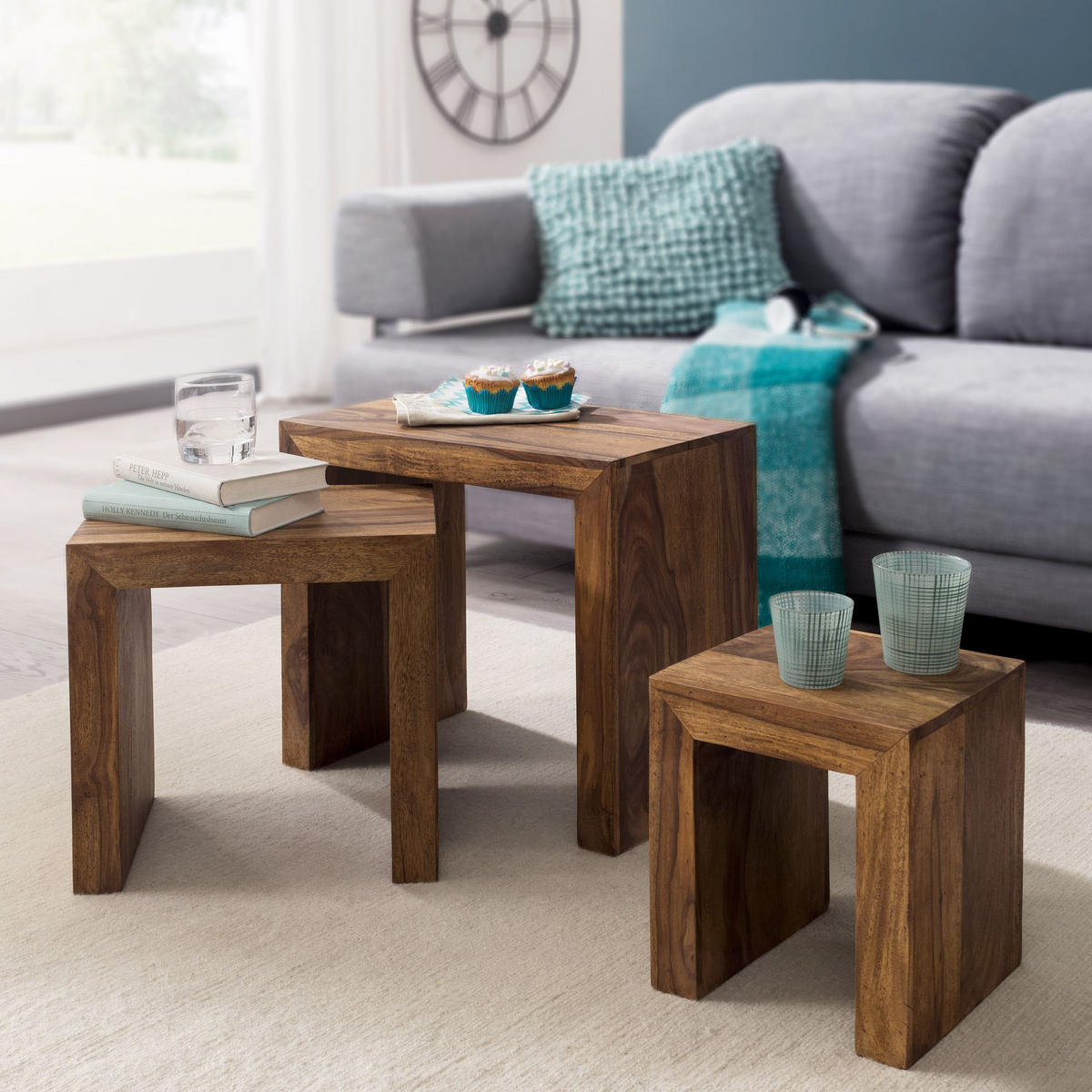 SATZTISCH 3er Set eckig AHMAD Sheesham - Braun, Holz (30/50/45cm) - furnicato