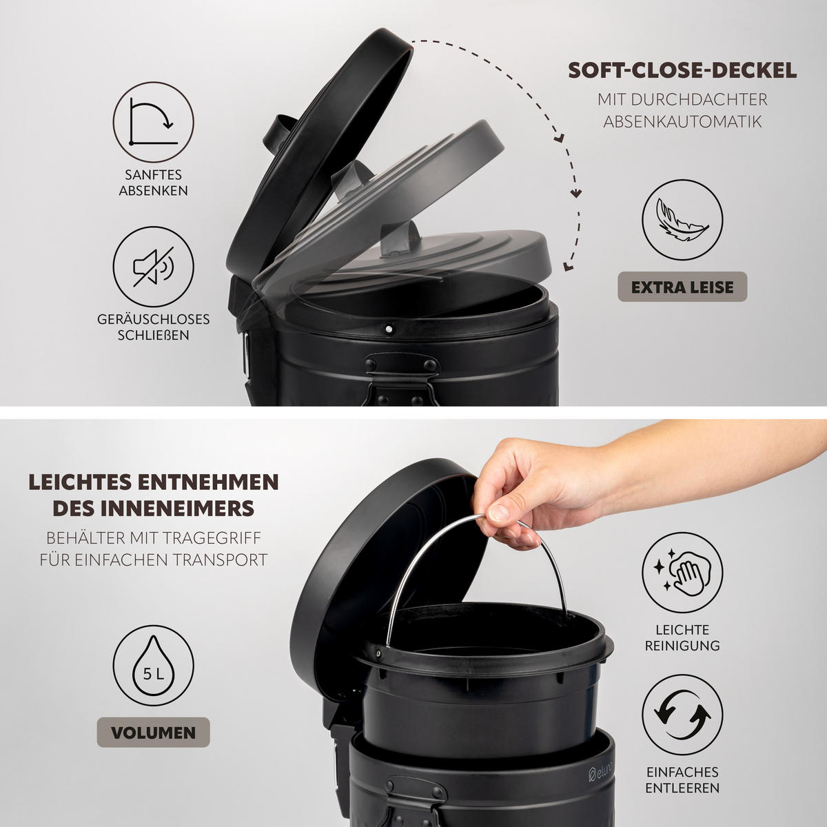 KOSMETIKEIMER Treteimer VINTAGE, 5 Liter, aus Metall, schwarz - Schwarz, Metall (21/30.5/21cm) - eluno