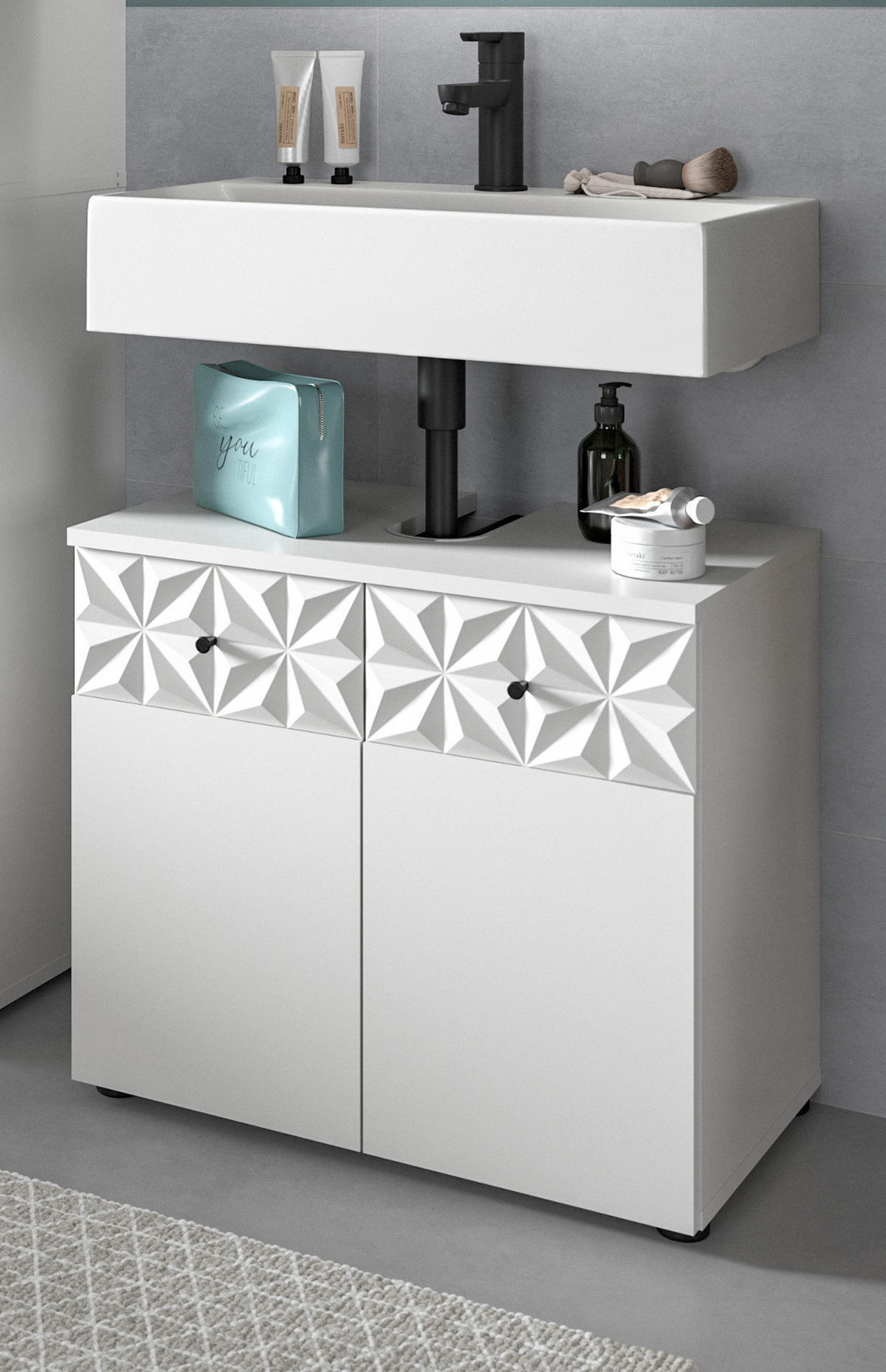 WASCHBECKENUNTERSCHRANK weiß Hochglanz 60 cm, Badschrank mit 3D-Struktur - Weiß Hochglanz/Schwarz, Holzwerkstoff/Kunststoff (60/54/34cm) - Inn.Furn