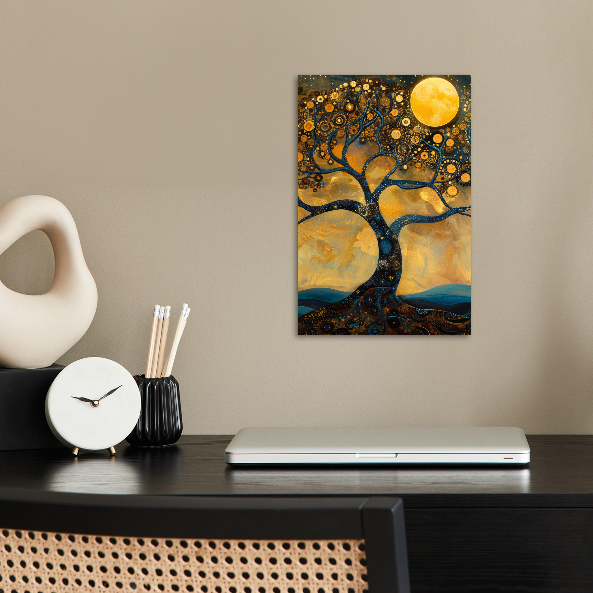 POSTER Baum - Mond - Blumen - Gold - Kunst 20x30 cm - Orange, Papier (20/30/0.1cm) - MuchoWow
