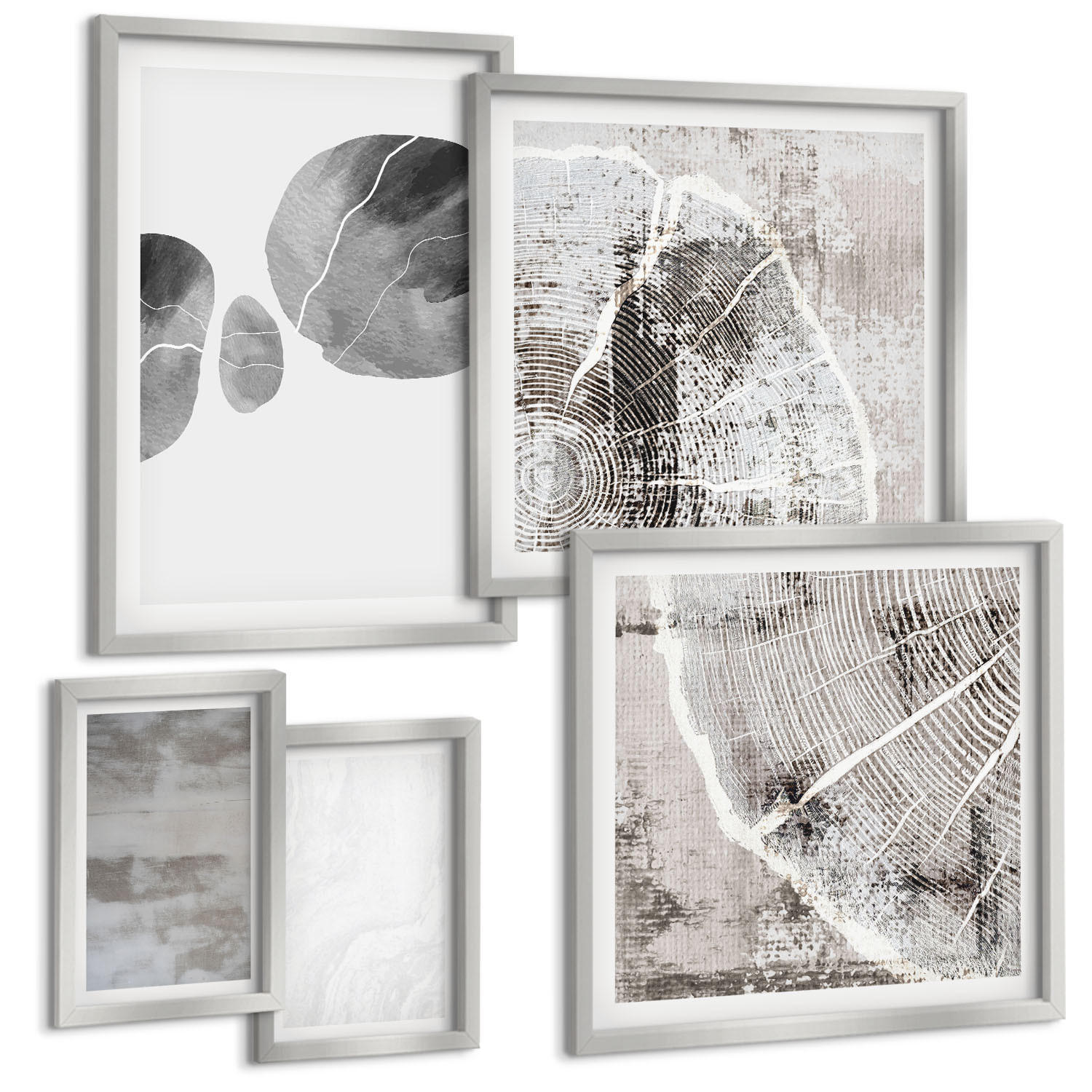 BILDER SET 5er Set - 50x50 cm & 20x30 cm & 40x60 cm Silberner Rahmen - Abstrakte moderne Formen - Silberfarben, Kunststoff (40/60cm) - TULUP