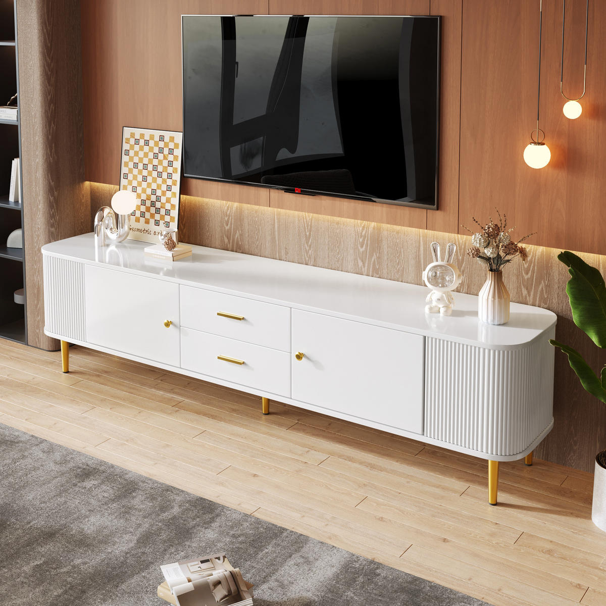 TV-STÄNDER 170/34/45 cm weiß MDF mit goldenen Griffen und 2 Schubladen - Weiß, Holzwerkstoff (170/45/34cm) - OKWISH