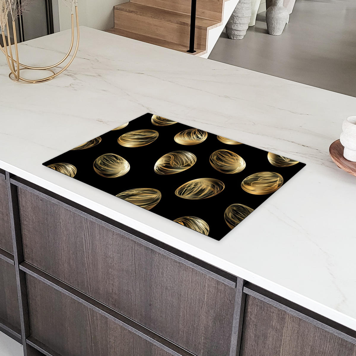 HERDABDECKPLATTE Eier - Gold - Muster Herdabdeckung Induktionsfeld 75x52 cm - Schwarz, Kunststoff (75/52/0.2cm) - MuchoWow