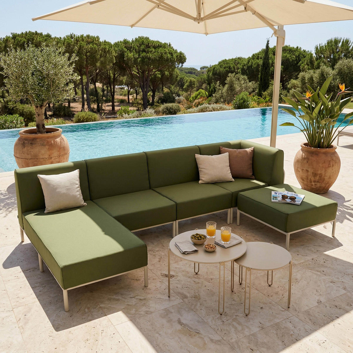 GARTENSOFA mit 5 Sitzplätzen, Khakigrün - Grün, Textil (153/78/360cm) - Oviala