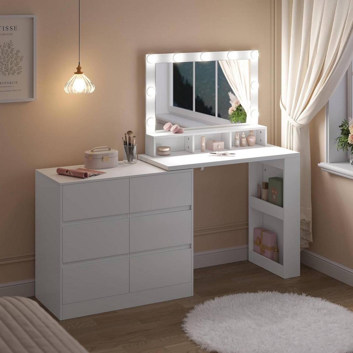 SCHMINKTISCH mit LED, Spiegel, Kommode, Weiß - Weiß, Glas/Holzwerkstoff (90/134.5/40cm) - Woltu